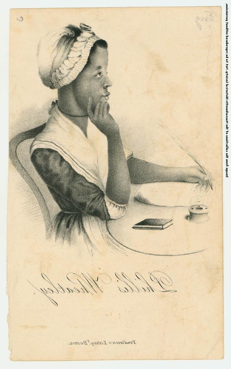 一个年轻的黑人妇女的侧面雕刻，她坐在桌旁，手里拿着一支笔. 下面是签名“菲利斯·惠特利”